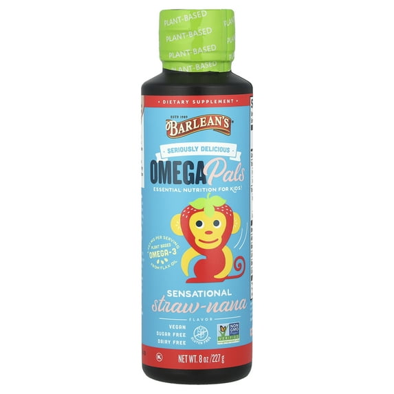 Barlean's Seriously Delicious Omega Pals Flax Oil Sensational Straw-Nana, 8 Ounce