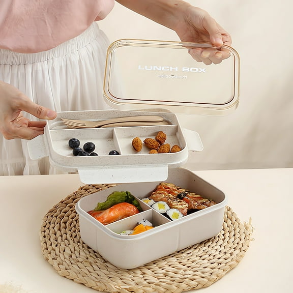 Barley Fiber Lunch Box 1200ml - Portable Microwave Safe Bento Box with Fork and Spoon, Leakproof Container for Work Meals, Beige
