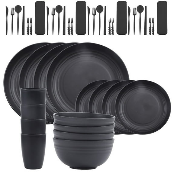 Barley Straw Plastic Dinnerware Set, 8 Plates, 4 Bowls, 4 Cups, 4-Piece Cutlery Set, Modern Home Dining Tableware for Family, Kitchen, and Restaurants