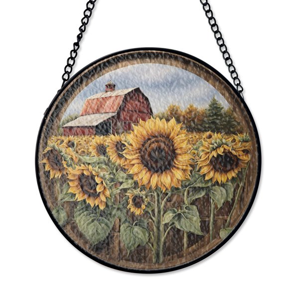 Barn And Sunflowers Farm Scene Suncatcher Stained Glass Style UV Printed Glass Rustic Country Decor Round