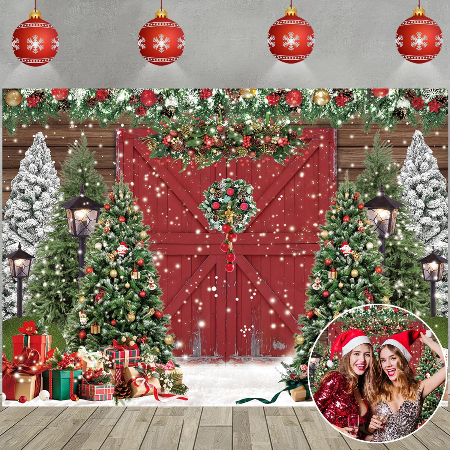 Barn Backdrop Winter Xmas Tree Snow Wall Wood Door Photography ...