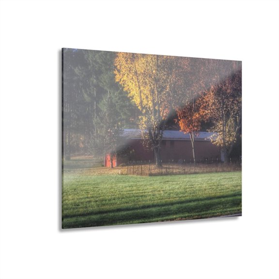 U R There Photography Red Barn on Foggy Fall Morning Rustic Farmhouse Acrylic Wall Print 14"x 11"
