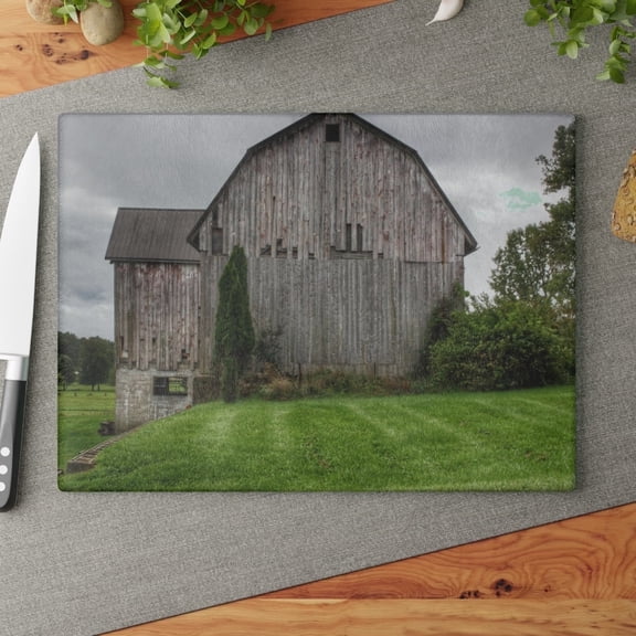 U R There Photography Dequindre Road Grey III Rustic Farmhouse Tempered-Glass Cutting Board 11" x 15"