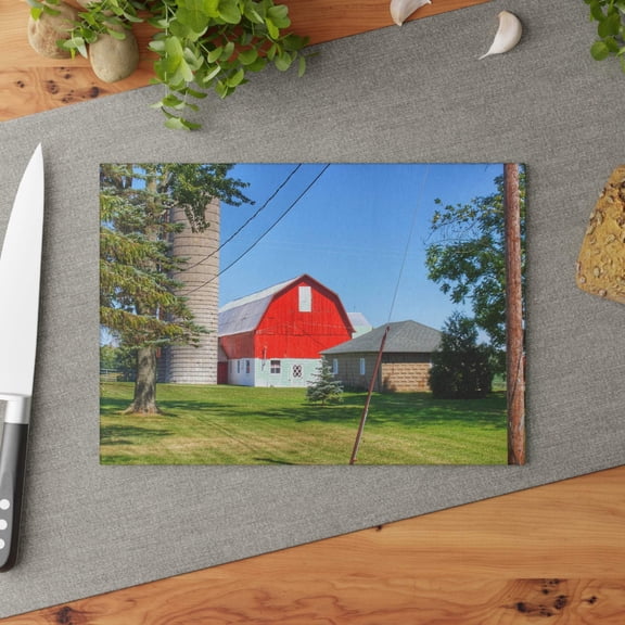 U R There Photography East Lake Road Red and Little Grey Rustic Farmhouse Tempered-Glass Cutting Board 8"x 11"