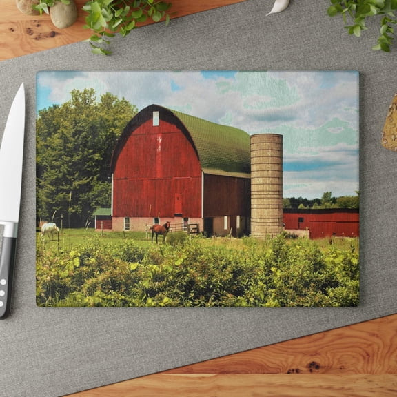 U R There Photography Elmwood Road Red Barn and Horses Rustic Farmhouse Cutting Board 11" x 15"