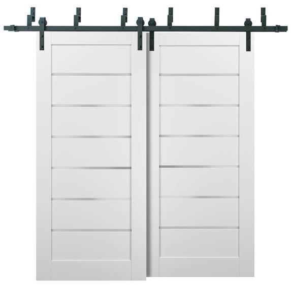 Barn Bypass Doors 36 x 80 with 6.6ft Hardware | Quadro 4117 White Silk with Frosted Opaque Glass | Sturdy Heavy Duty Rails Kit Steel Set | Double Sliding Lite Panel Door