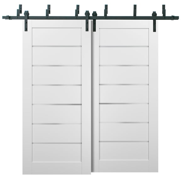 Barn Bypass Doors 36 x 84 with 6.6ft Hardware | Quadro 4117 White Silk with Frosted Opaque Glass | Sturdy Heavy Duty Rails Kit Steel Set | Double Sliding Lite Panel Door