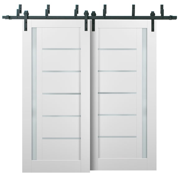 Barn Bypass Doors 36 x 96 with 6.6ft Hardware | Quadro 4088 White Silk with Frosted Opaque Glass | Sturdy Heavy Duty Rails Kit Steel Set | Double Sliding Lite Panel Door