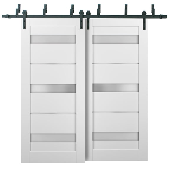 Barn Bypass Doors 48 x 80 with 6.6ft Hardware | Quadro 4055 White Silk with Frosted Opaque Glass | Sturdy Heavy Duty Rails Kit Steel Set | Double Sliding Lite Panel Door