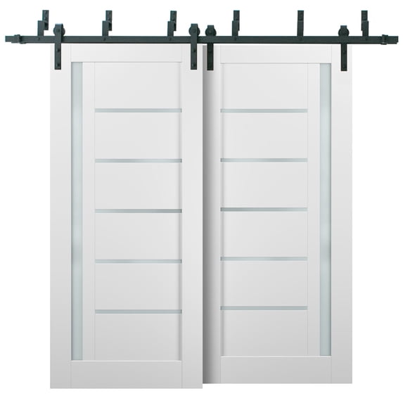 Barn Bypass Doors 48 x 80 with 6.6ft Hardware | Quadro 4088 White Silk with Frosted Opaque Glass | Sturdy Heavy Duty Rails Kit Steel Set | Double Sliding Lite Panel Door