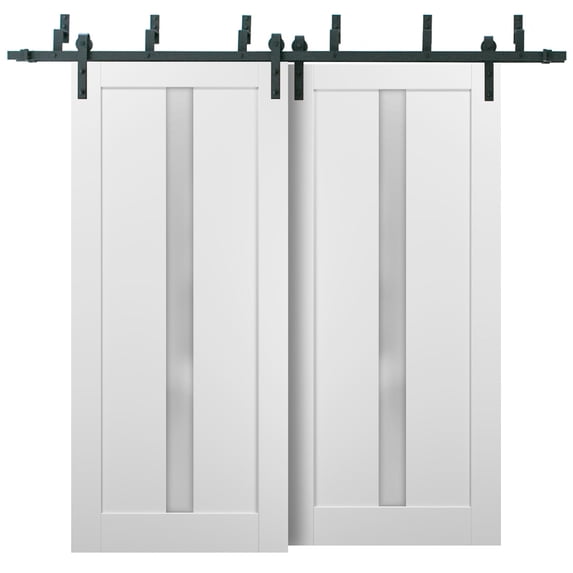 Barn Bypass Doors 48 x 96 with 6.6ft Hardware | Quadro 4112 White Silk with Frosted Opaque Glass | Sturdy Heavy Duty Rails Kit Steel Set | Double Sliding Lite Panel Door