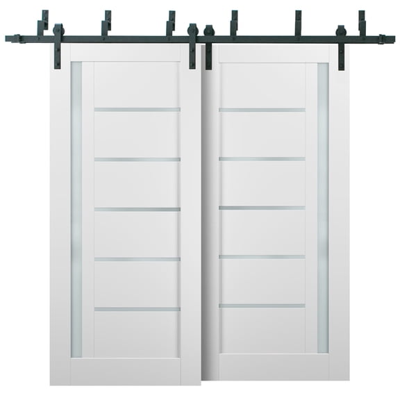 Barn Bypass Doors 56 x 80 with 6.6ft Hardware | Quadro 4088 White Silk with Frosted Opaque Glass | Sturdy Heavy Duty Rails Kit Steel Set | Double Sliding Lite Panel Door