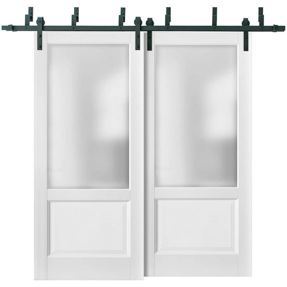Barn Bypass Doors with 6.6ft Hardware | Lucia 22 White Silk with Frosted Opaque Glass | Sturdy Heavy Duty Rails Kit Steel Set | Double Sliding Lite Panel Door -36" x 80" (2* 18x80)-Frosted Glass