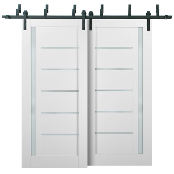 Barn Bypass Doors 60 x 96 with 6.6ft Hardware | Quadro 4088 White Silk with Frosted Opaque Glass | Sturdy Heavy Duty Rails Kit Steel Set | Double Sliding Lite Panel Door