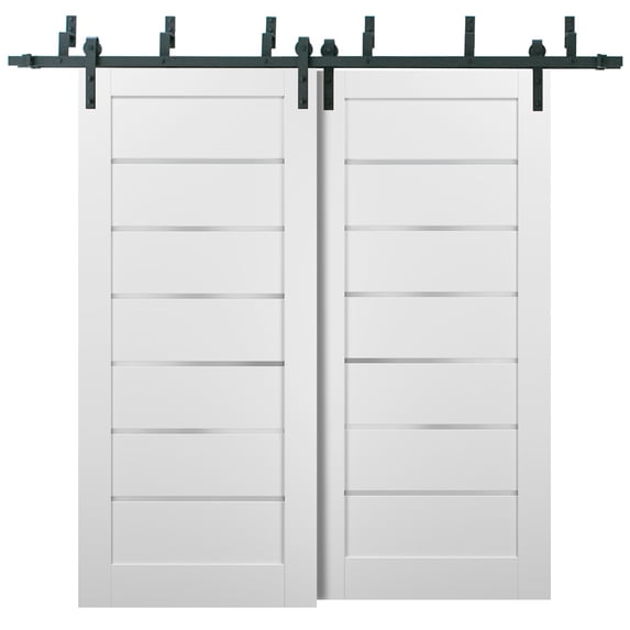 Barn Bypass Doors 64 x 84 with 6.6ft Hardware | Quadro 4117 White Silk with Frosted Opaque Glass | Sturdy Heavy Duty Rails Kit Steel Set | Double Sliding Lite Panel Door