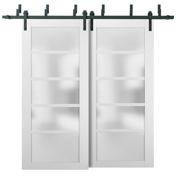 Barn Bypass Doors 72 x 80 with 6.6ft Hardware | Quadro 4002 White Silk with Frosted Opaque Glass | Sturdy Heavy Duty Rails Kit Steel Set | Double Sliding Lite Panel Door