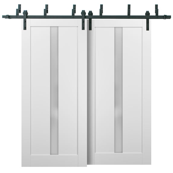 Barn Bypass Doors 72 x 80 with 6.6ft Hardware | Quadro 4112 White Silk with Frosted Opaque Glass | Sturdy Heavy Duty Rails Kit Steel Set | Double Sliding Lite Panel Door