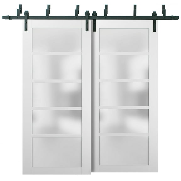 Barn Bypass Doors 84 x 84 with 6.6ft Hardware | Quadro 4002 White Silk with Frosted Opaque Glass | Sturdy Heavy Duty Rails Kit Steel Set | Double Sliding Lite Panel Door