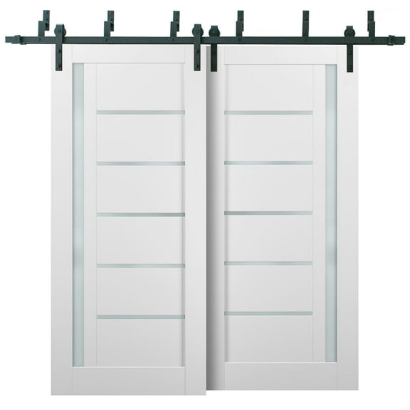 Barn Bypass Doors 84 x 84 with 6.6ft Hardware | Quadro 4088 White Silk with Frosted Opaque Glass | Sturdy Heavy Duty Rails Kit Steel Set | Double Sliding Lite Panel Door