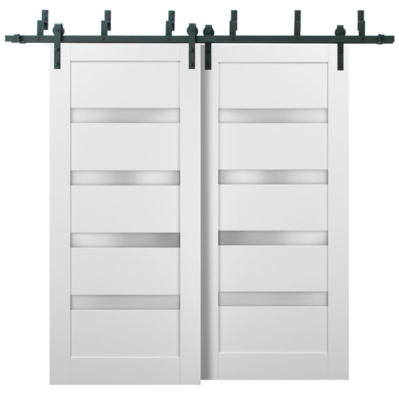 Barn Bypass Doors 84 x 84 with 6.6ft Hardware | Quadro 4113 White Silk with Frosted Opaque Glass | Sturdy Heavy Duty Rails Kit Steel Set | Double Sliding Lite Panel Door