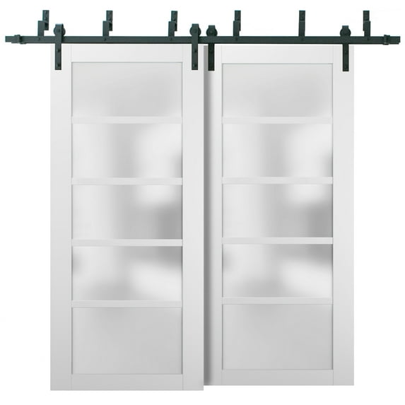 Barn Bypass Doors 84 x 80 with 6.6ft Hardware | Quadro 4002 White Silk with Frosted Opaque Glass | Sturdy Heavy Duty Rails Kit Steel Set | Double Sliding Lite Panel Door