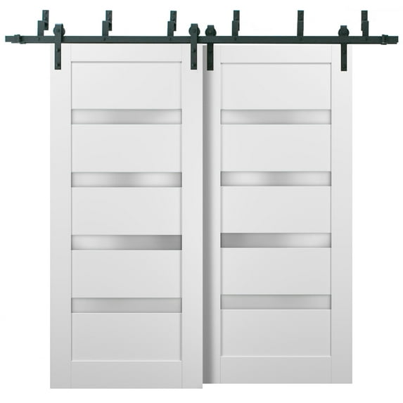 Barn Bypass Doors 84 x 80 with 6.6ft Hardware | Quadro 4113 White Silk with Frosted Opaque Glass | Sturdy Heavy Duty Rails Kit Steel Set | Double Sliding Lite Panel Door