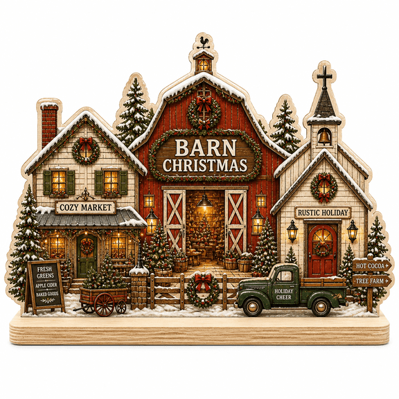 Barn Christmas Village Wooden Block for Rustic Holiday Tabletop Decor