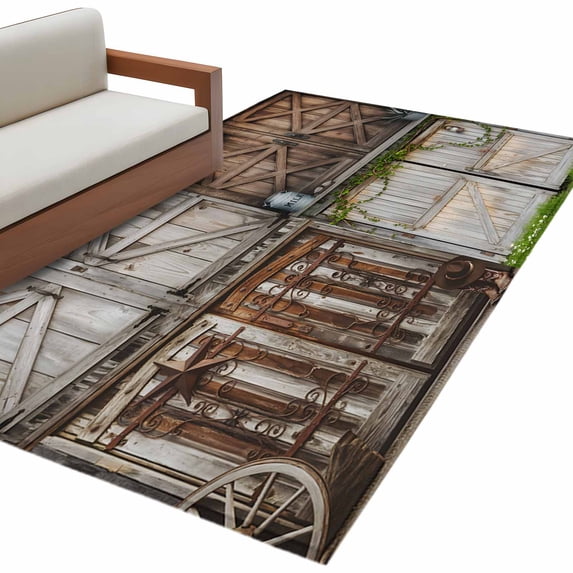 Barn Door Area&nbsp;Rug 4x6ft Vintage Brown Countryside Farmhouse Non-Slip&nbsp;Washable Square&nbsp;Rugs Soft Felt Indoor Floor Mat for Bedroom Kitchen Living Room Bathroom