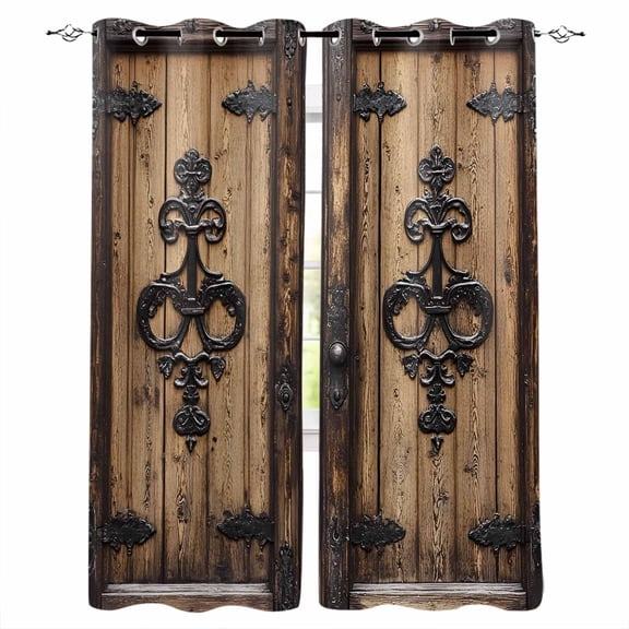 Barn Door Blackout Curtains for Bedroom/Living Room, Thermal Insulated Kitchen Curtains, Farmhouse Wooden Grain Rustic Tribal Pattern Grommet Darkening Window Treatment Drapes 52"x63"x2