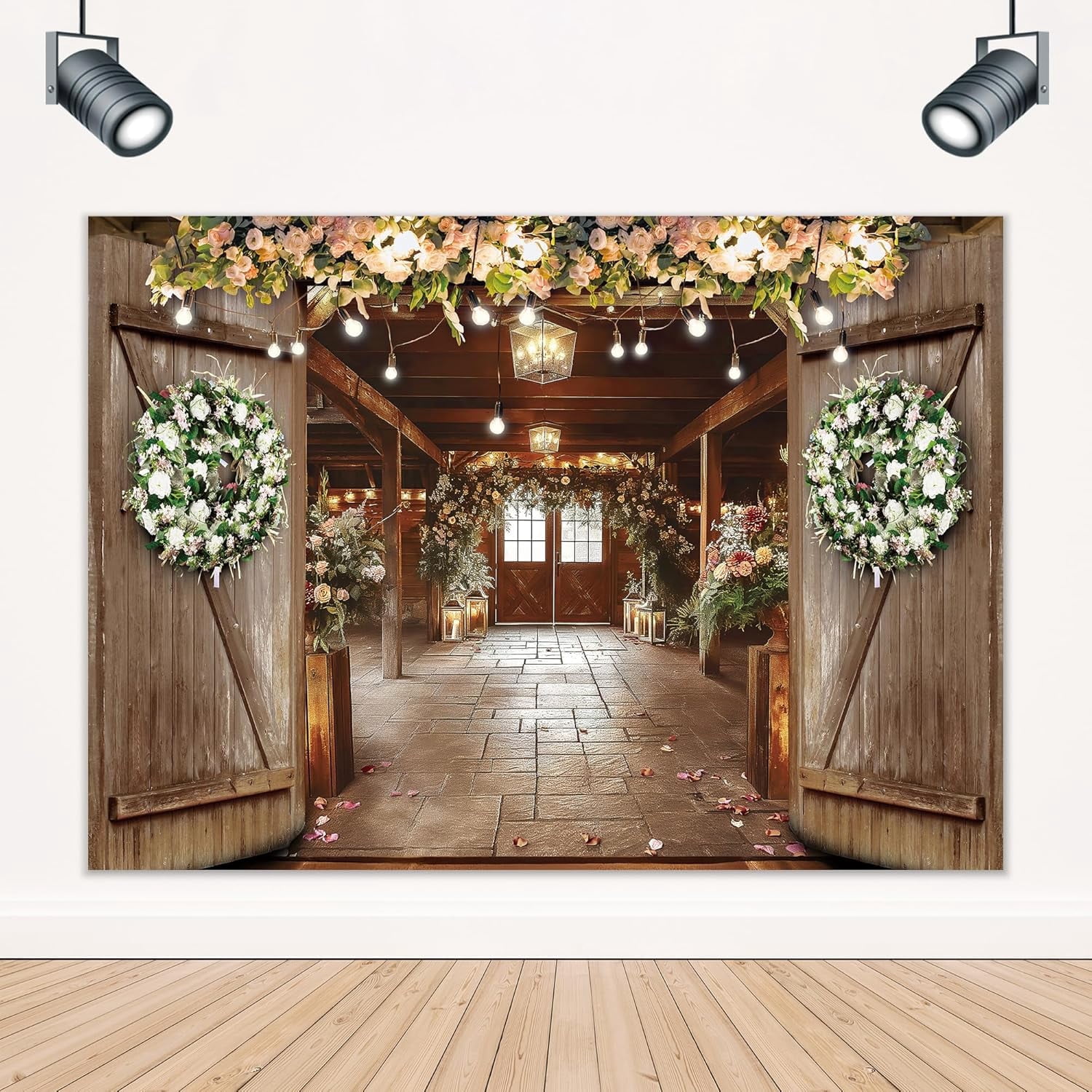 Barn Door Bridal Shower Backdrop Floral Rustic White Roses Vintage