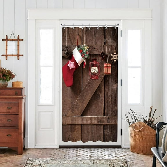 Barn Door Christmas Stall Bathroom Shower Curtain 36W by 71H Inch Small Brown Wood Wooden Half Farmhouse Rustic Vintage Polyester Fabric with Plastic Hooks Waterproof Decor