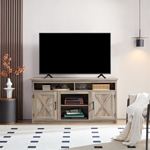 Barn Door Entertainment Console For 65" Tv, Gray Wash, Storage & Cable Control Tv Console, Style, Ample Storage,