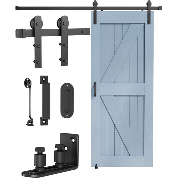 Barn Door Hardware Kit -6.6FT Sliding Door Hardware with Adjustable Floor Guide, 2 Handles and Latch -Fit 36''-40'' Wide Panel, I Shape Hanger, Black