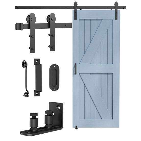 Barn Door Hardware Kit -6.6FT Sliding Door Hardware with Adjustable Floor Guide, 2 Handles and Latch -Fit 36''-40'' Wide Panel, I Shape Hanger, Black