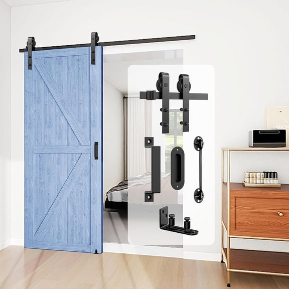 Barn Door Hardware Kit 6FT Heavy Duty Sliding Door Track Kit with Floor Guide and 2 Handles with Lock, Smoothly Hardware Kits for Interior Exterior Fit 34"-36" Wide Panel (J Shape Hanger)