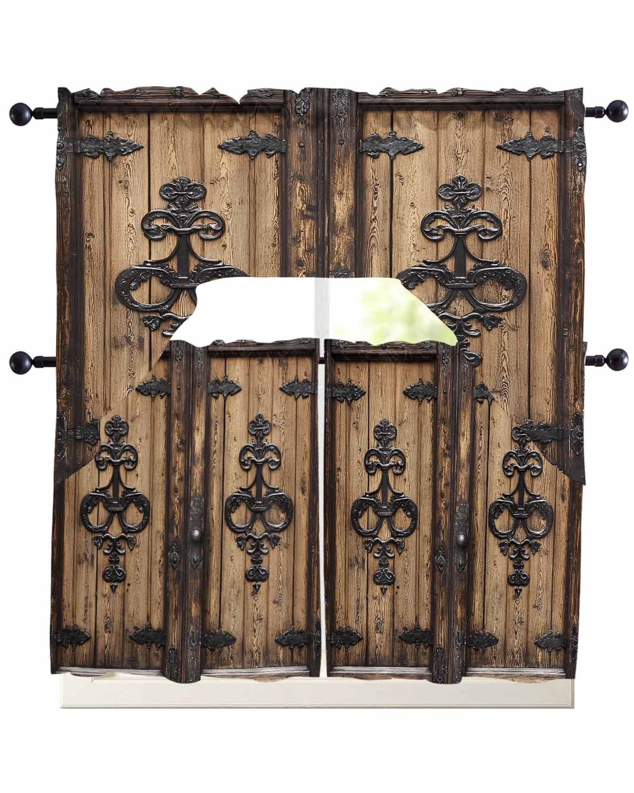 Barn Door Kitchen Curtain and Valance Set 3 Pieces,Rod Pocket Short ...