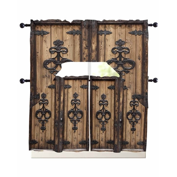 Barn Door Kitchen Curtain and Valance Set 3 Pieces,Rod Pocket Short ...