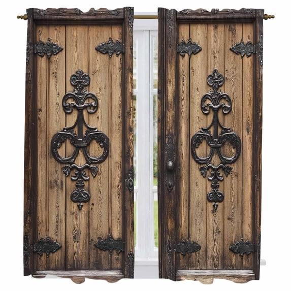 Barn Door Kitchen Curtains, Farmhouse Wooden Grain Rustic Tribal Pattern Light Filtering Window Curtain Panels, 2Pcs Rod Pocket Window Treatments Set for Living Room Bathroom Bedroom 42x63 Inches