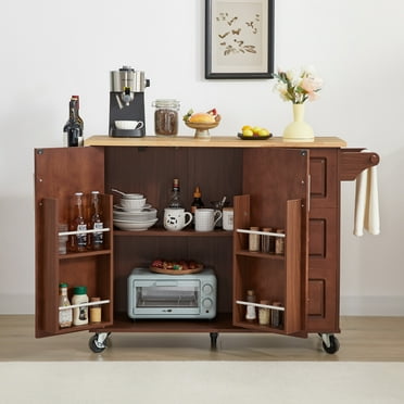 Barn Door Kitchen Island with Drop Leaf Countertop, Rolling Kitchen Island Table with Storage Cabinet and Tower Rack for Kitchen,  Brown