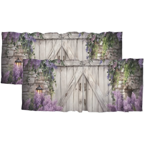 Barn Door Kitchen Valance Curtains Lavender with Leaves on Rustic Wooden Door Farmhouse Rod Pocket Window Valance for Living Room Bathroom Bedroom Kitchen 54 by 18 in, 2 Panel