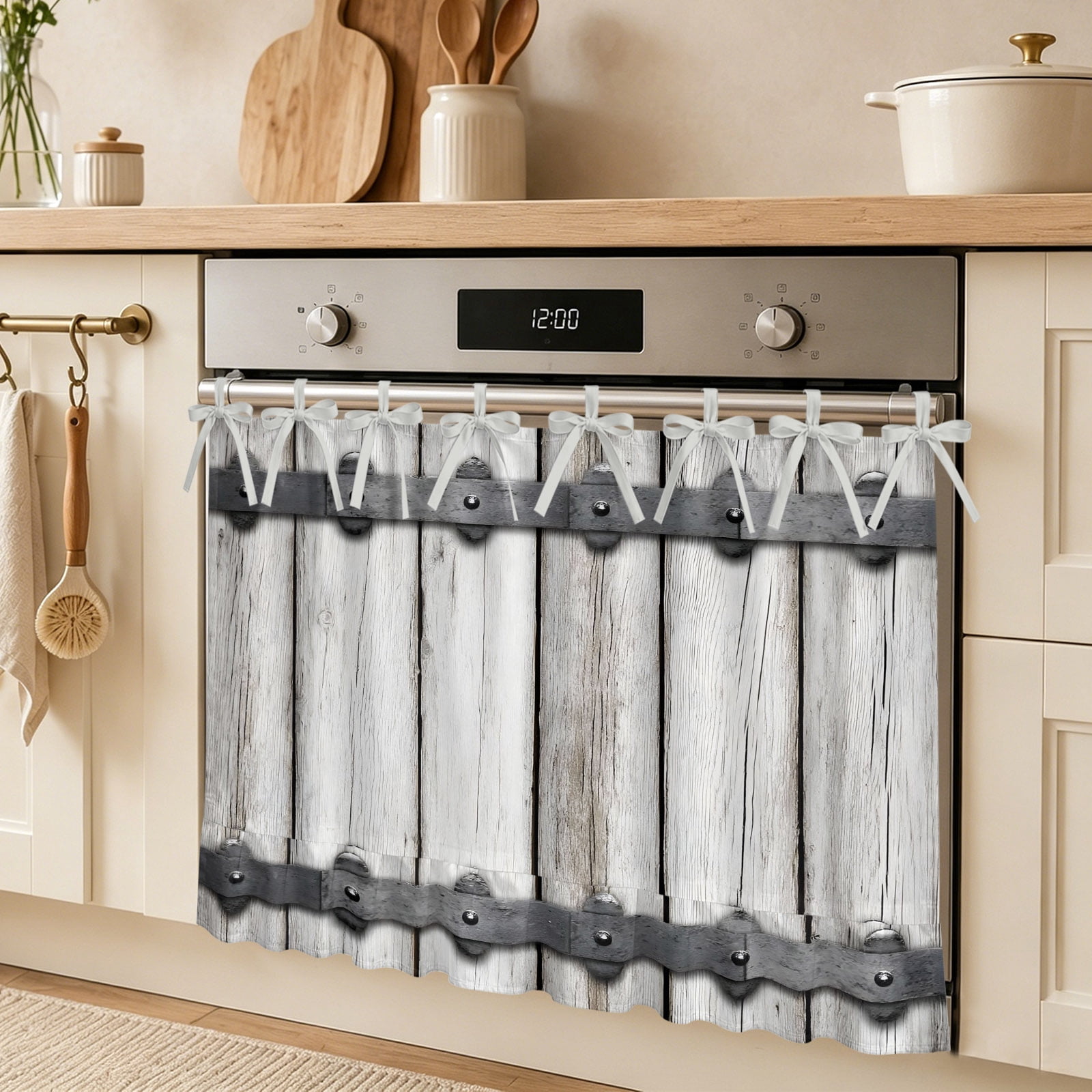 Barn Door Oven Skirt Curtain, Vintage Grey Farmhouse Rivet Beige Wood ...