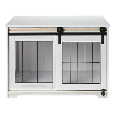 Barn Door Pet Crate - End Table with Sliding Door for Dogs, Cats (White)