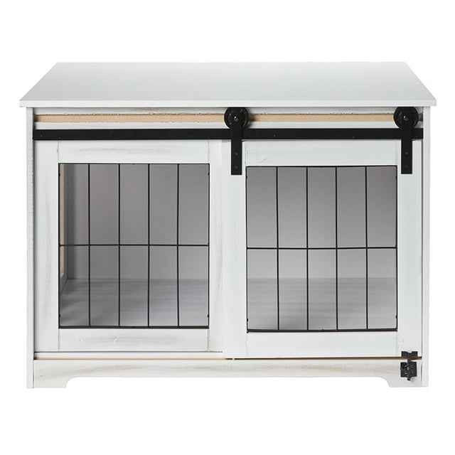 Barn Door Pet Crate - End Table with Sliding Door for Dogs, Cats (White)