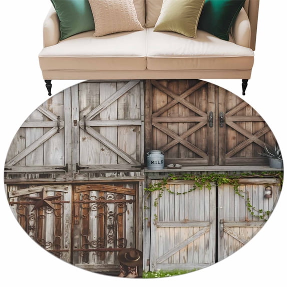 Barn Door Round Area Rug 6ft Vintage Brown Countryside Farmhouse Non-Slip Washable Circle Rugs Soft Felt Indoor Floor Mat for Bedroom Kitchen Living Room Bathroom