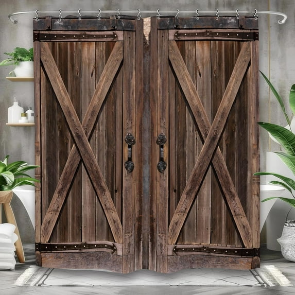 Barn Door Rustic Bathroom Shower Curtain 84W by 84H Inch Farmhouse Brown Wood Wooden Country Vintage Rural Polyester Fabric 12 Plastic Hooks Waterproof Decor