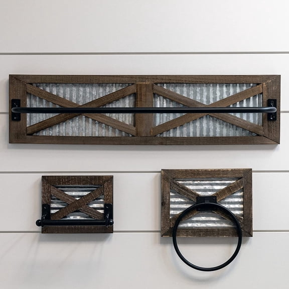 Barn Door Rustic Farmhouse Bathroom Set - Toilet Paper Holder, Towel Ring, and Towel Rack