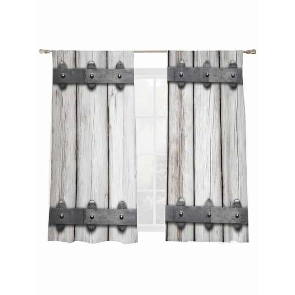 Barn Door Sheer Curtains 2 Panels Set Vintage Grey Farmhouse Rivet Beige Wood Board Sheer Window Curtains Light Filtering Rod Pocket Voile Drapes for Bedroom Living Room 52"x63"