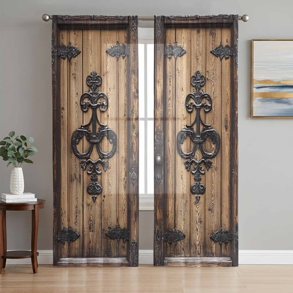 Barn Door Sheer Curtains 96 Inch Length 2 Panels Set, Farmhouse Wooden Grain Rustic Tribal Pattern Voile Window Treatment Semi Sheer Long Curtains Drapes for Bedroom/Living Room/Kitchen 52"x96"x2