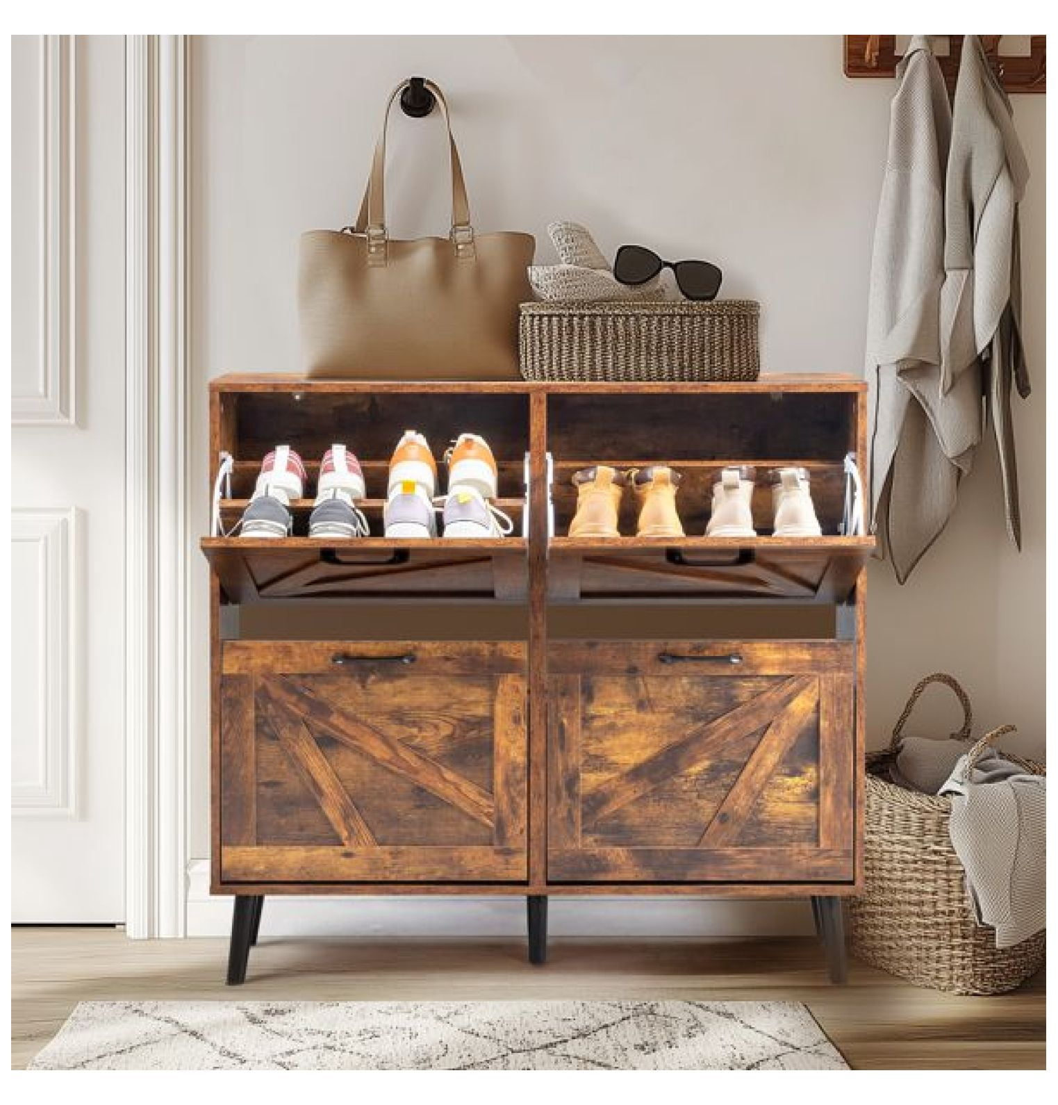 Barn Door Shoe Cabinet - 4 Drawers, Black Metal Handle - 106cm Entryway ...