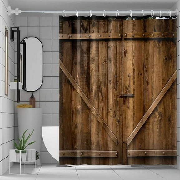 Barn Door Shower Curtain For Bathroom, Farmhouse Fabric Waterproof Shower Curtain Set With Hooks Retro Wood Door Shower Curtains For Stall RV Hotel 54"W x 72"L